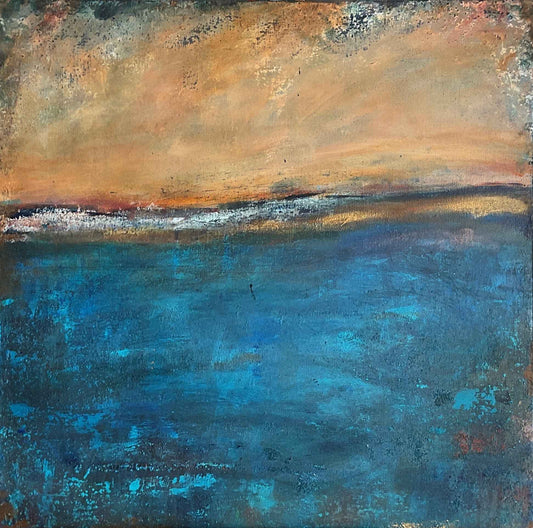 Abstract seascape with glowing orange sky, dark horizon, and deep blue textured water