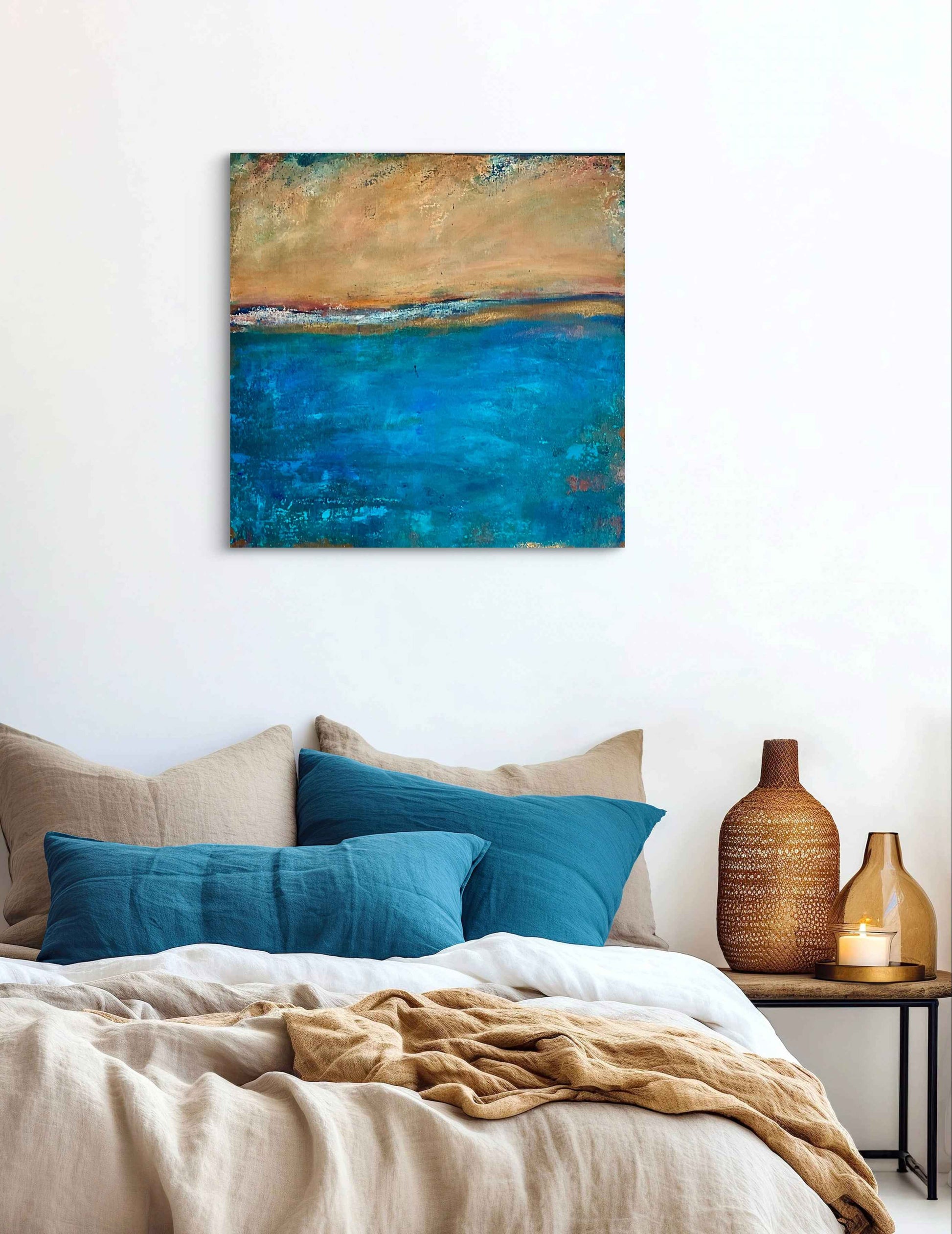 Square abstract seascape artwork displayed in a modern interior, emphasizing mood and cosmic tension