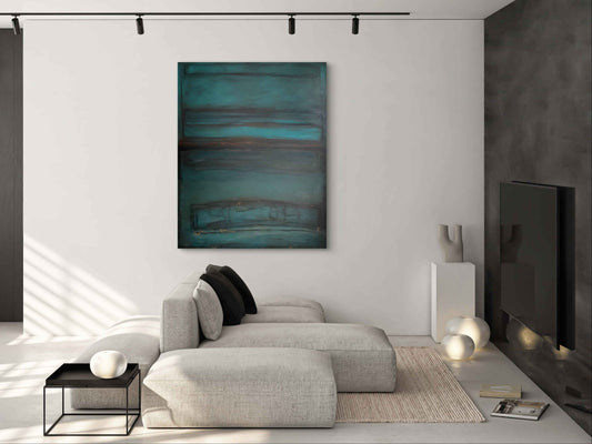 Large abstract artwork titled Looking Down From Here displayed in a modern interior.