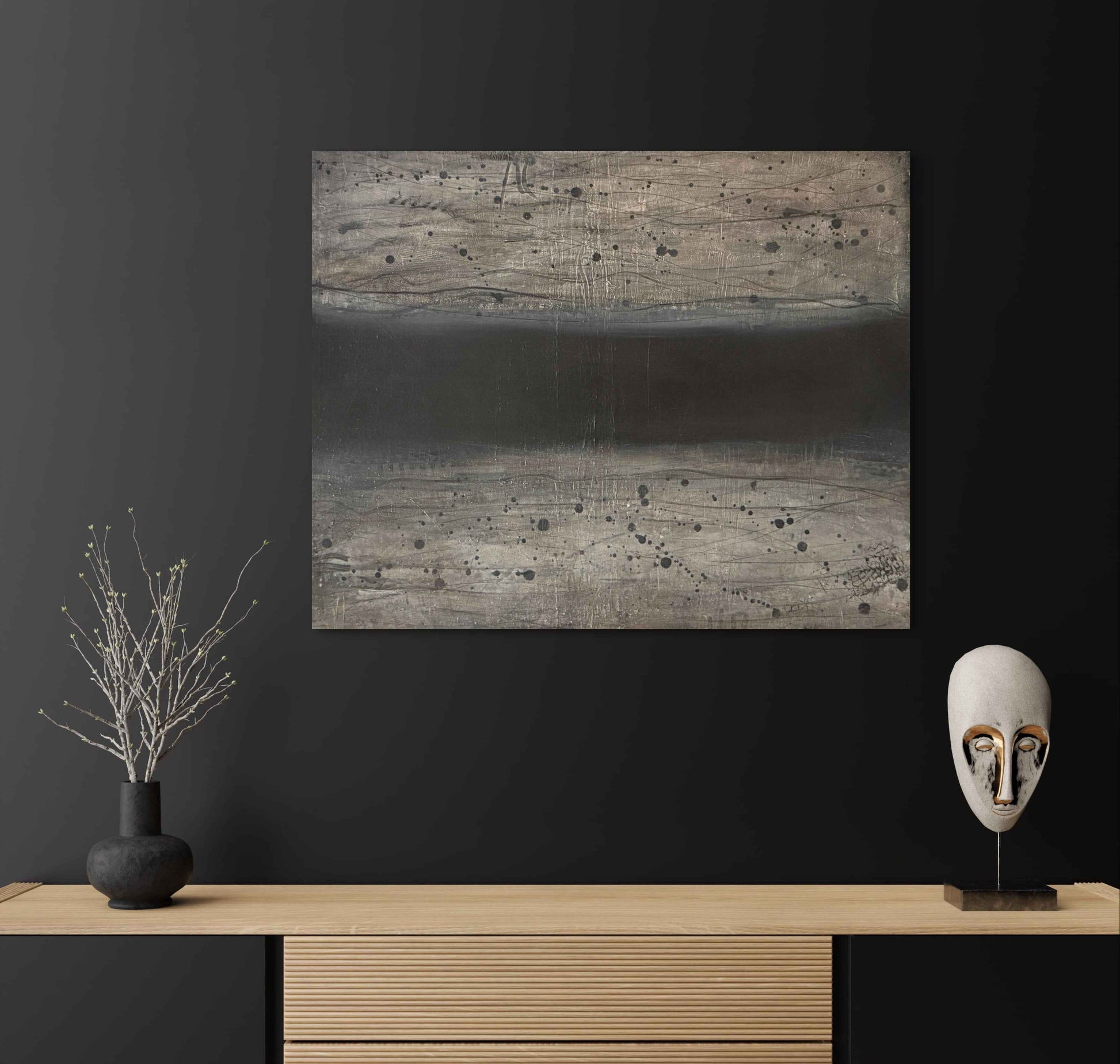 Framed abstract artwork titled Blank Space displayed in a modern interior.
