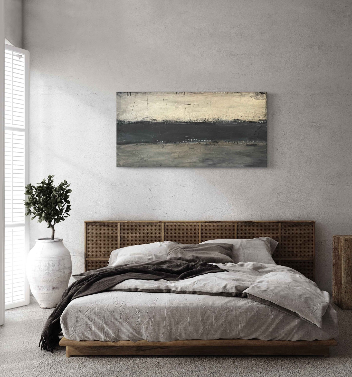 Framed abstract artwork titled Sharp Dressed Nightmare displayed in a modern interior.