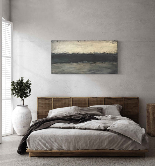 Framed abstract artwork titled Sharp Dressed Nightmare displayed in a modern interior.
