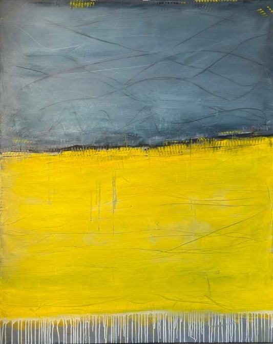 Large contemporary artwork with two bold fields and energetic marks throughout