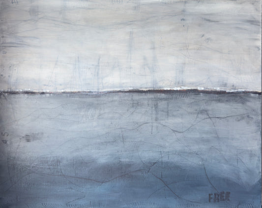 Large abstract painting with soft grey and blue tones, divided by a thin dark horizon line and subtle texture.