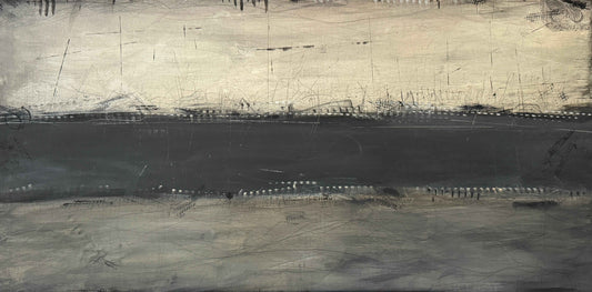 Abstract painting with a bold black horizontal band dividing textured neutral fields above and below.