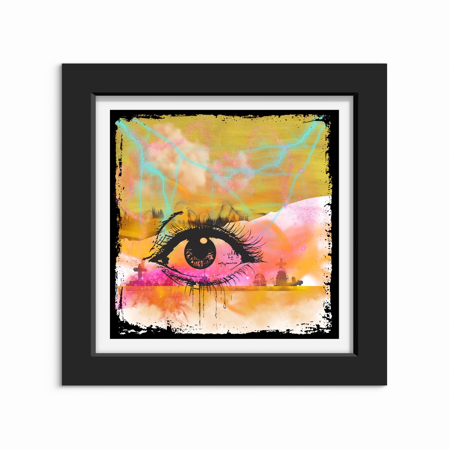 Surreal eye-themed artwork displayed in a modern interior, featuring a large central eye surrounded by vivid colors, textures, and abstract elements.