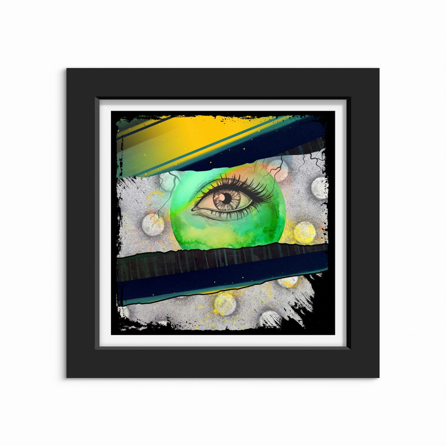 Surreal abstract artwork displayed in a modern interior, featuring a central eye within a glowing green sphere surrounded by textured circular forms and bold cosmic color bands.