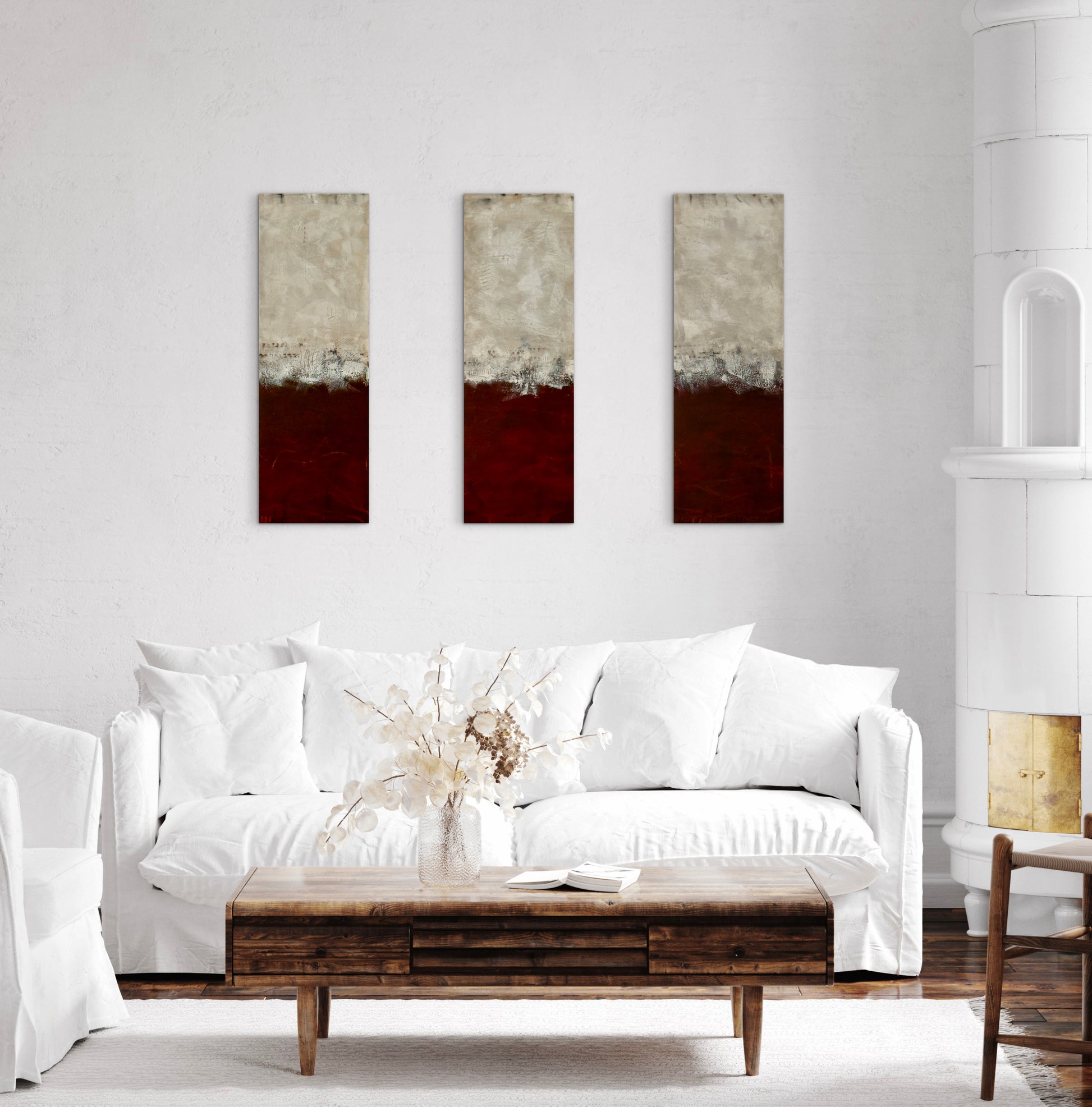 Alienation 3‑panel original painting set shown in alternate vertical arrangement