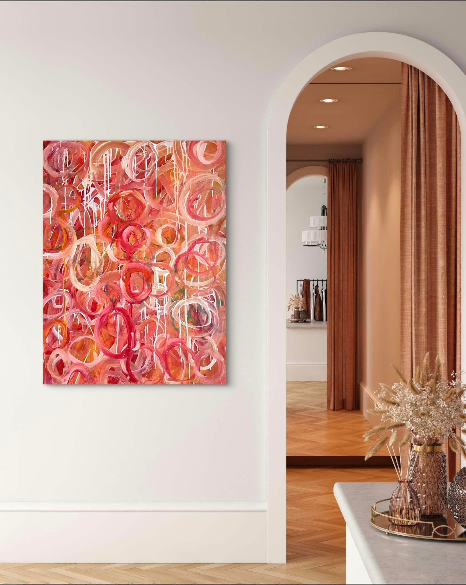 Mockup of She's Going Around and Around 30x40" abstract painting hanging on a wall