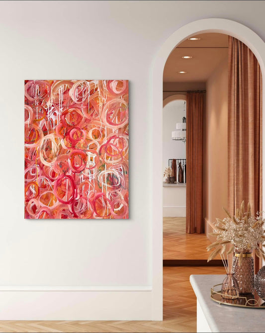 Mockup of She's Going Around and Around 30x40" abstract painting hanging on a wall