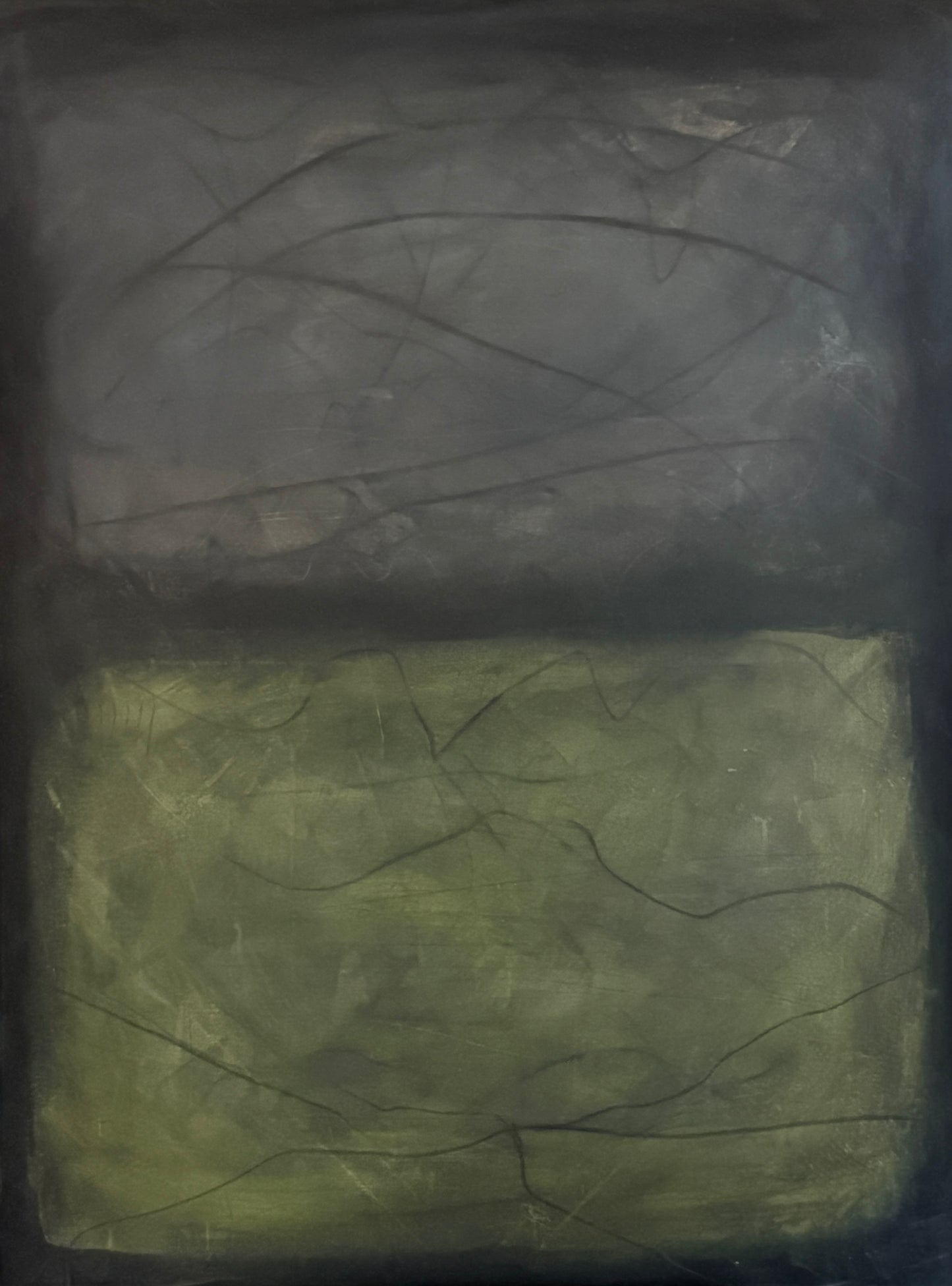 Evade, 36x48" abstract painting by Michelle Ramos. Deep atmospheric grays and blacks with a soft olive-green band and delicate linear marks creating quiet tension and mystery.