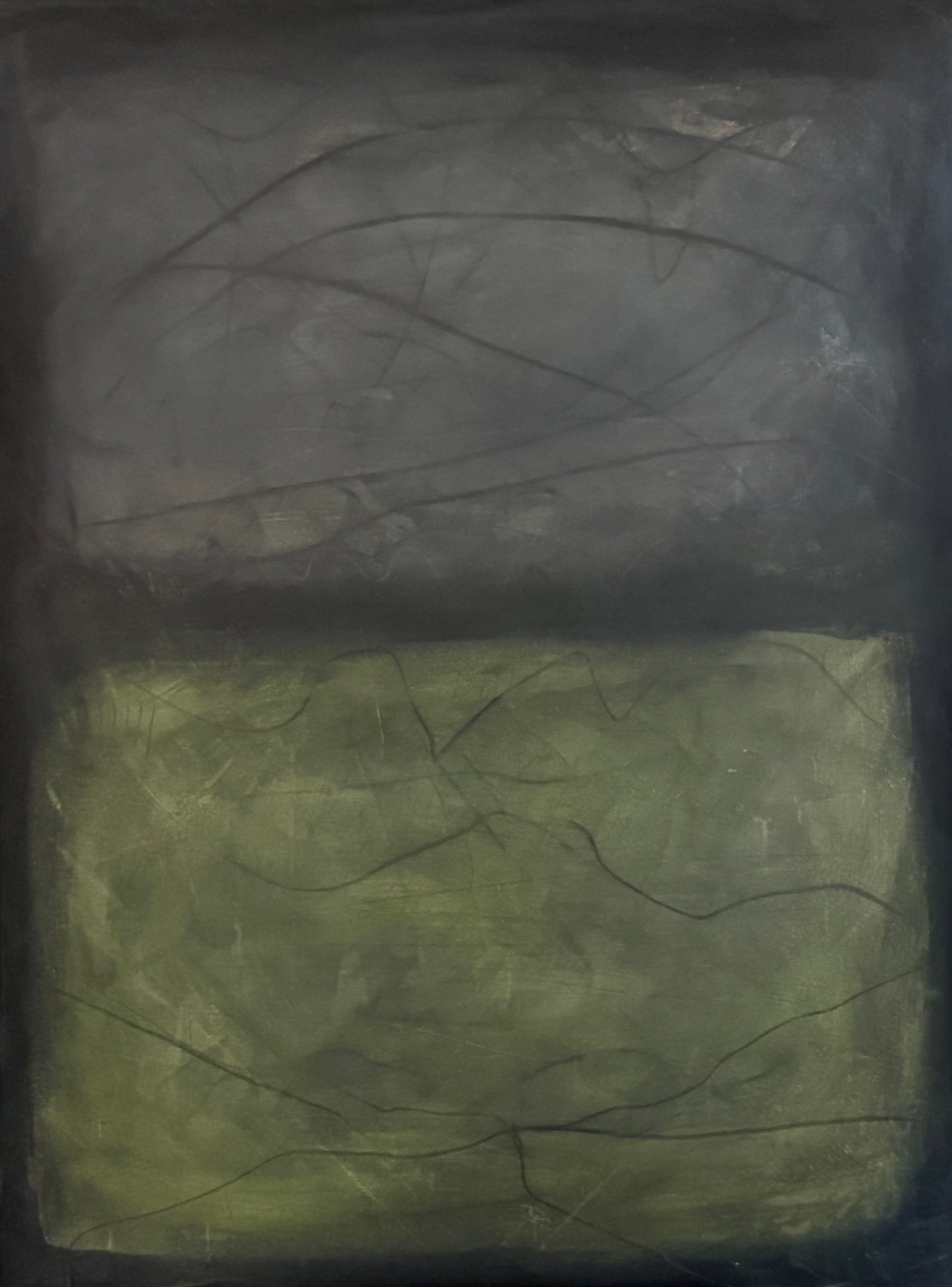 Evade, 36x48" abstract painting by Michelle Ramos. Deep atmospheric grays and blacks with a soft olive-green band and delicate linear marks creating quiet tension and mystery.