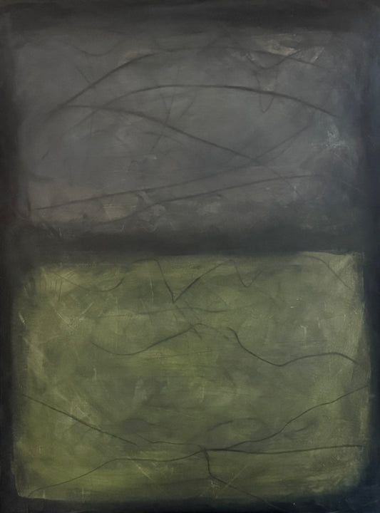 Evade, 36x48" abstract painting by Michelle Ramos. Deep atmospheric grays and blacks with a soft olive-green band and delicate linear marks creating quiet tension and mystery.