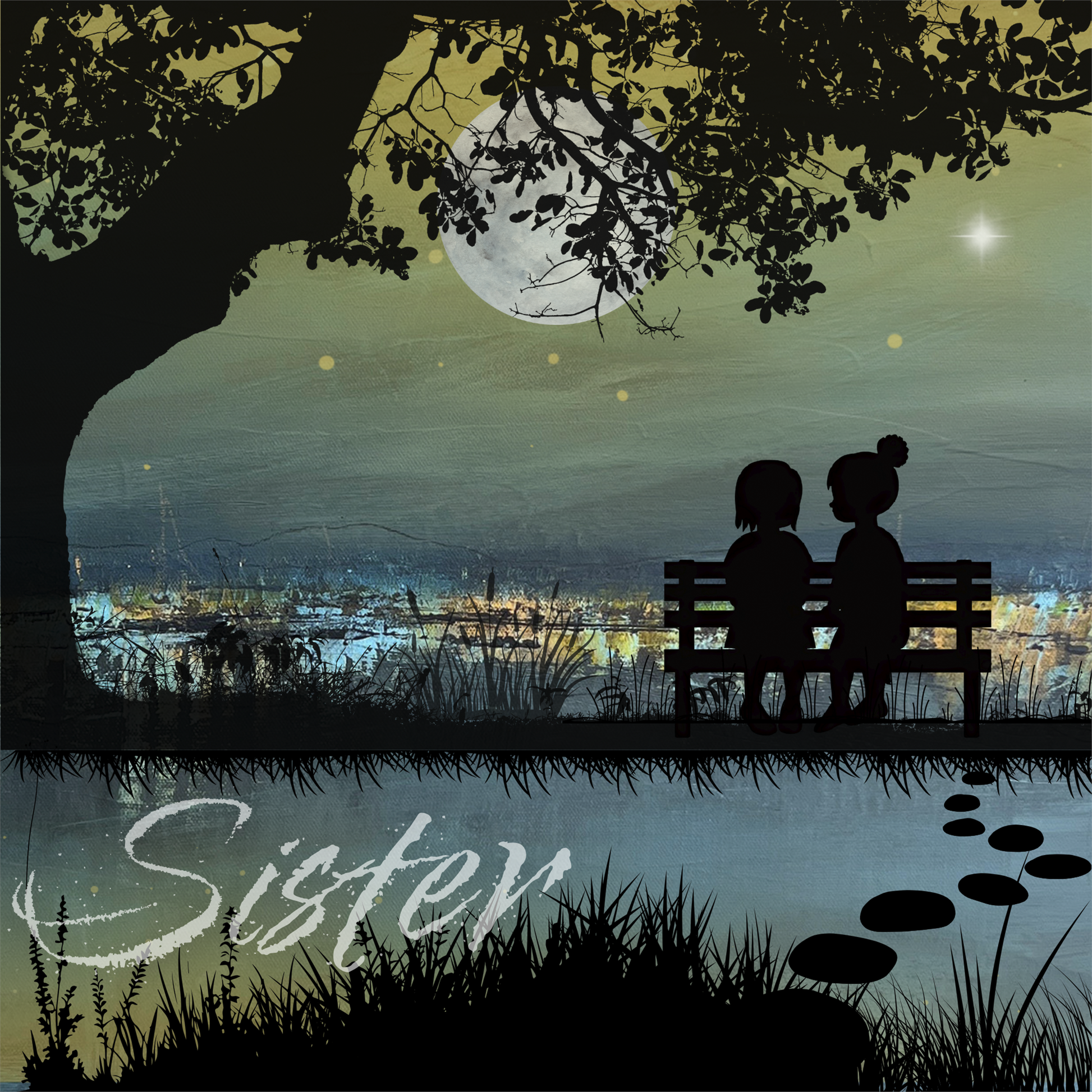 Silhouetted figures of two girls sitting on a bench beneath a large tree, with a full moon, starry sky, and distant city lights reflecting across the water, creating a peaceful and nostalgic composition.