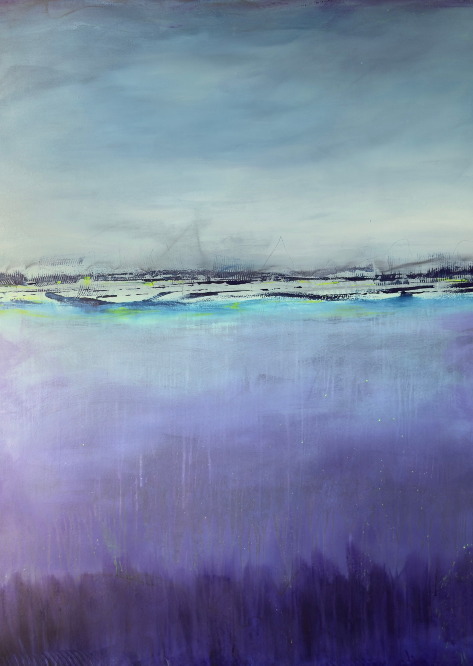 Large abstract painting with soft blue, grey, and purple tones blending upward through a hazy horizon.