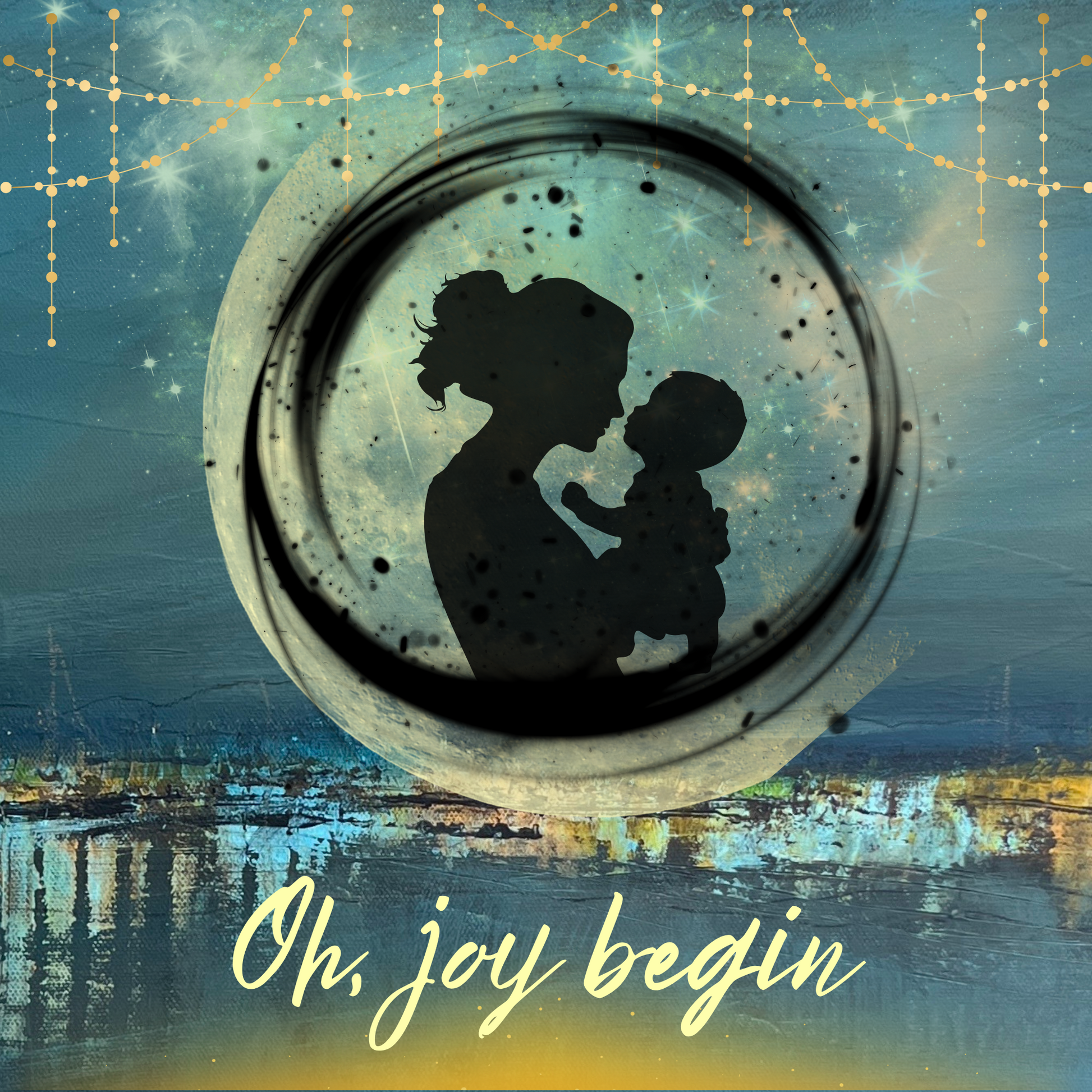 Silhouetted adult holding a child inside a circular brushstroke with a glowing moon, golden lights, and reflective water, creating a tender and hopeful nighttime scene.