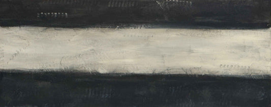 Abstract painting with bold black top and bottom bands and a pale textured center, high contrast composition.