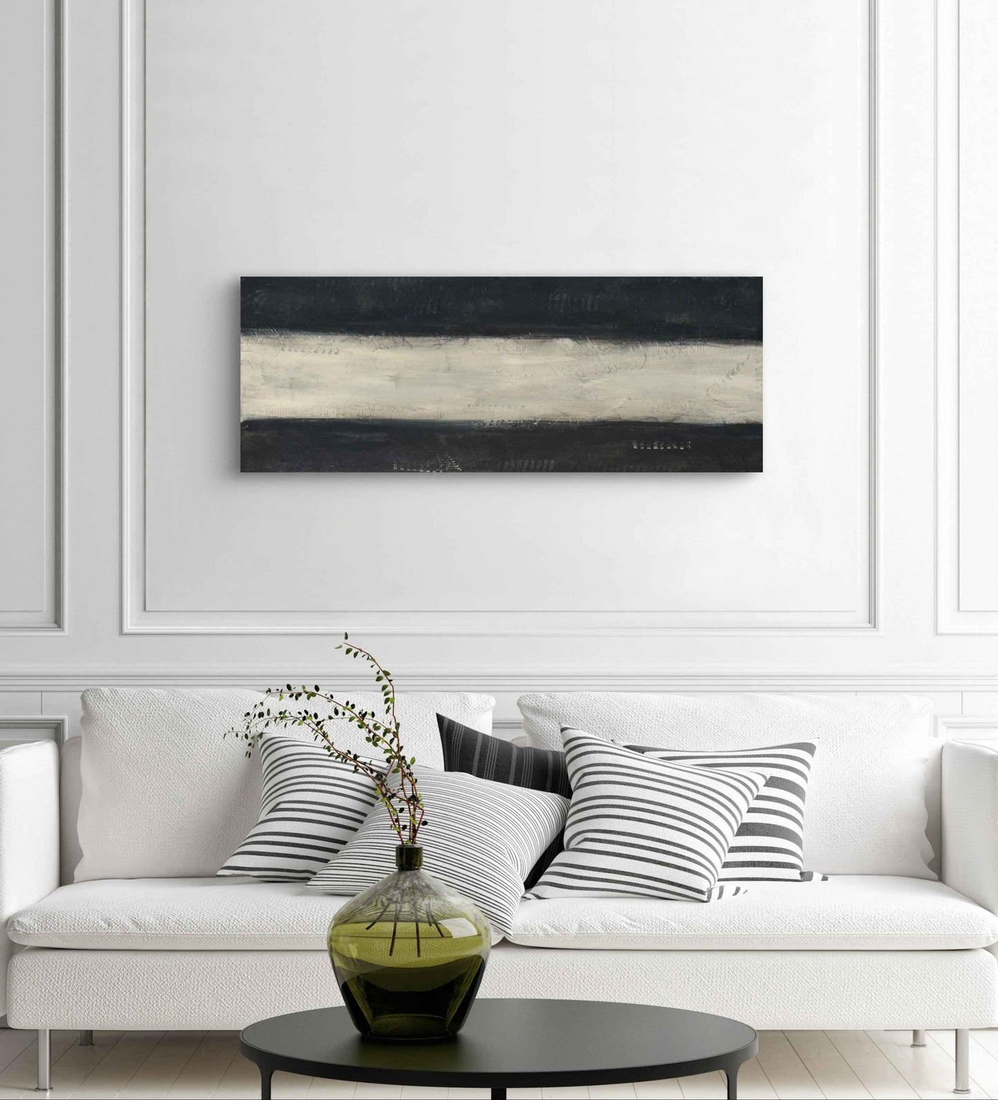 Interior mockup showing the artwork Sound of Silence hanging on a wall, highlighting its pale central band against dark surrounding tones.