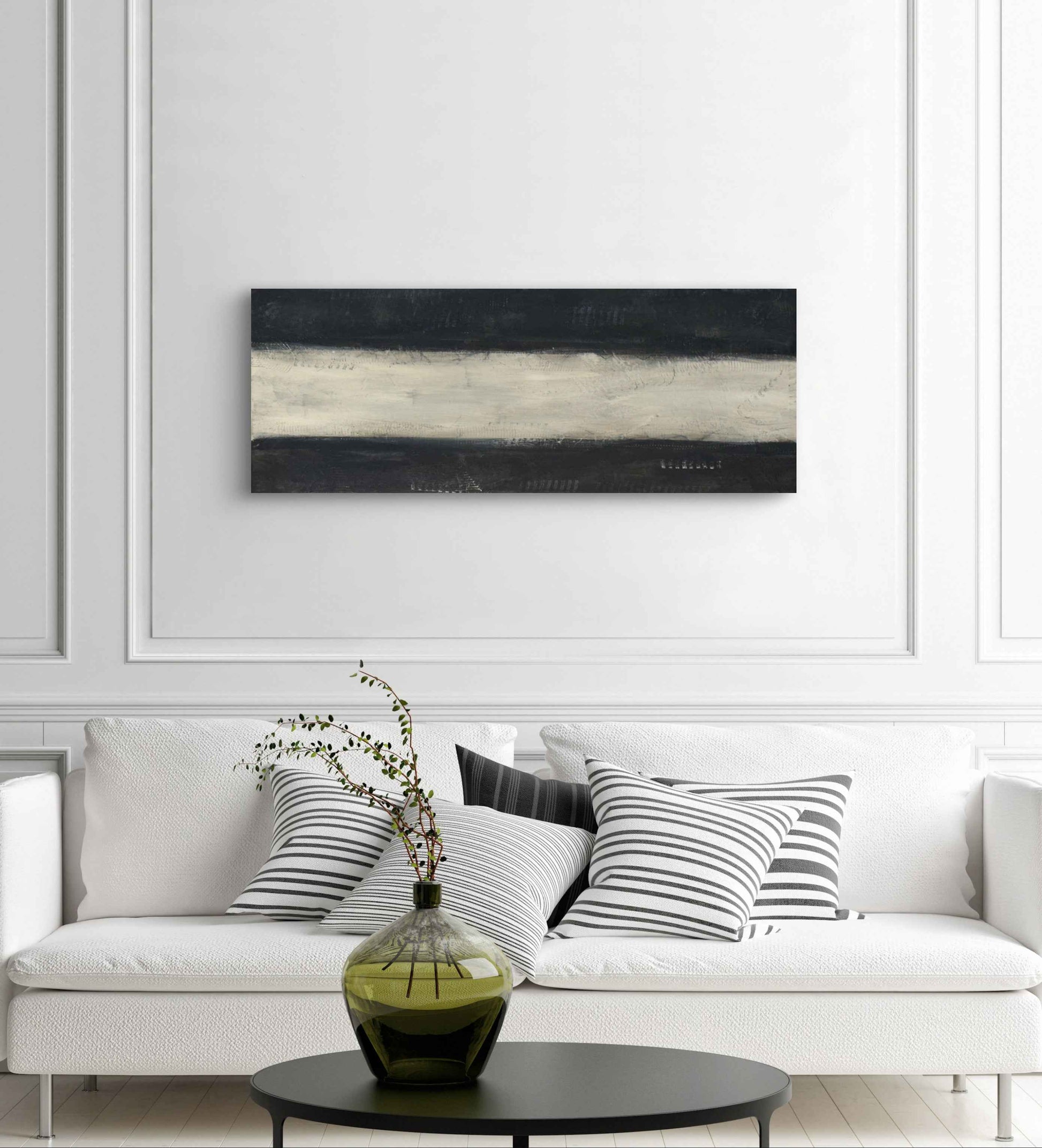 Interior mockup showing the artwork Sound of Silence hanging on a wall, highlighting its pale central band against dark surrounding tones.