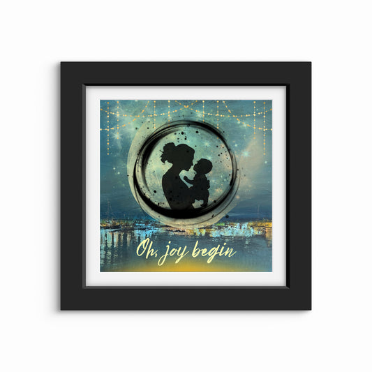 Emotional artwork displayed in a modern interior, featuring a silhouetted adult holding a child within a circular frame beneath a glowing moon and golden hanging lights.