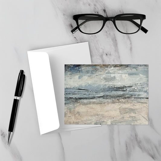 Soft abstract artwork displayed unframed in a modern interior, featuring pale neutral tones and gentle downward movement that creates an airy, luminous atmosphere
