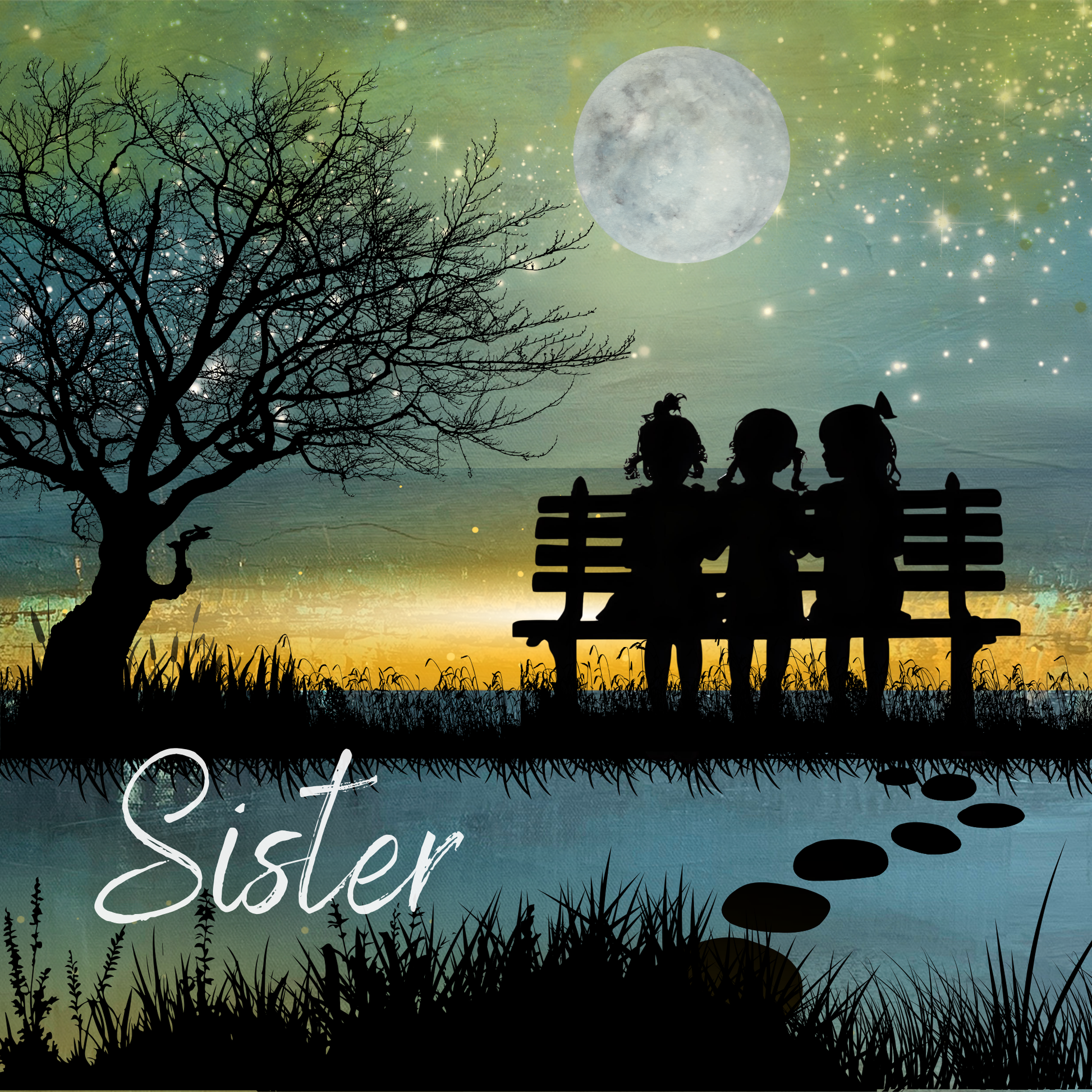 Three silhouetted girls sitting on a bench beneath a glowing full moon, framed by a leafless tree and reflective water, creating a peaceful and sentimental nighttime scene.
