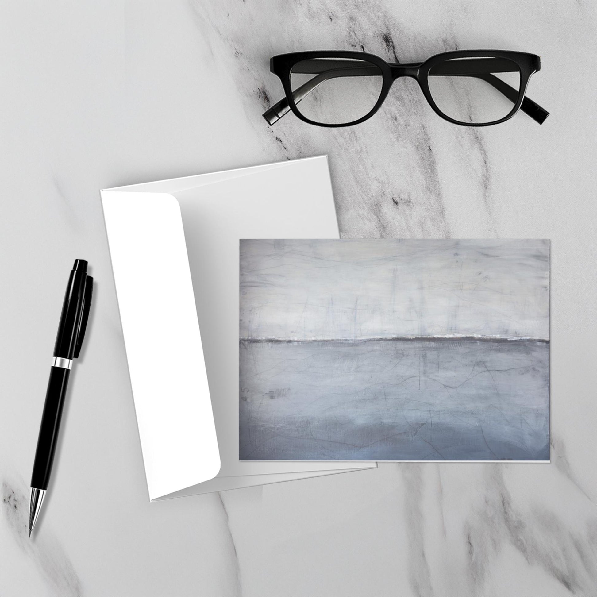 Minimal abstract artwork displayed unframed in a modern interior, featuring a stark horizontal divide with soft neutrals above and deep shifting tones below, creating quiet emotional tension.