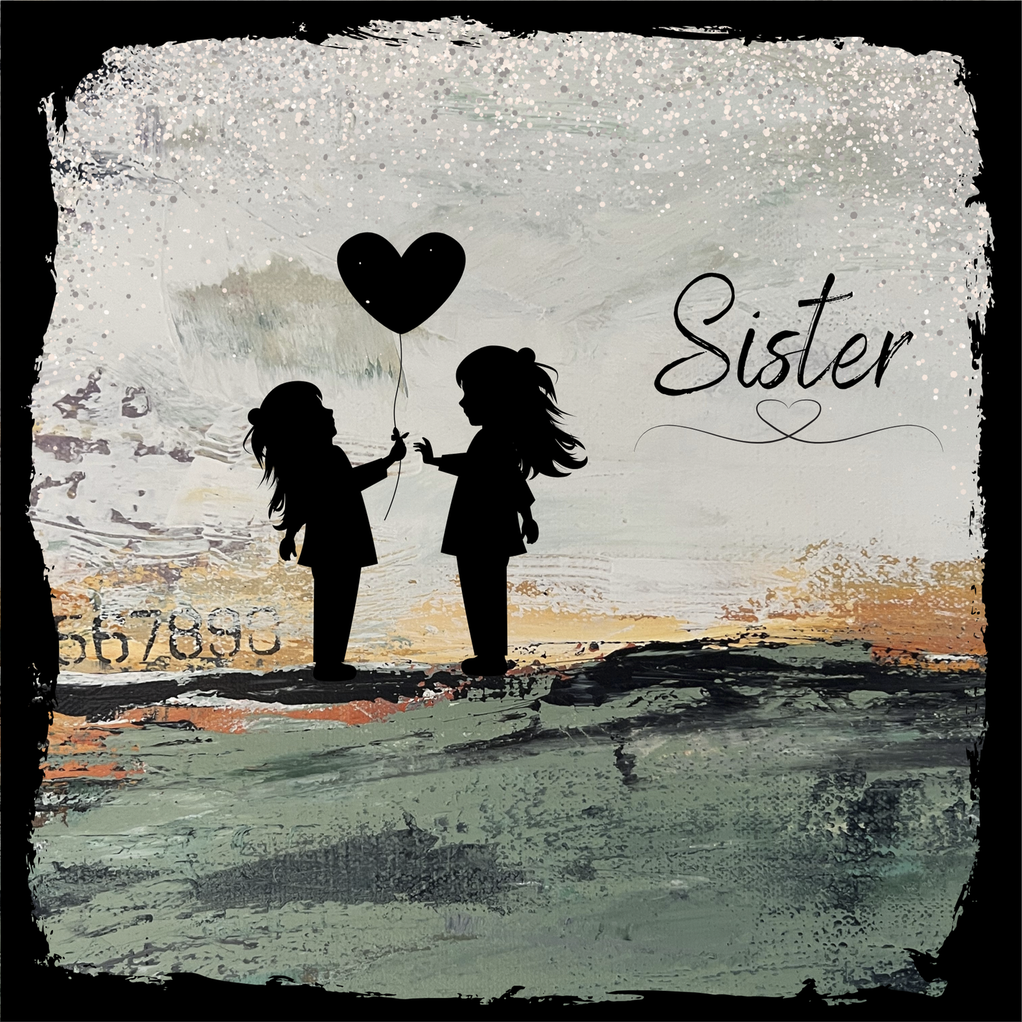 Silhouetted figures of two girls sharing a heart-shaped balloon against a textured background of warm greens, oranges, and soft light, creating a nostalgic and emotional composition.