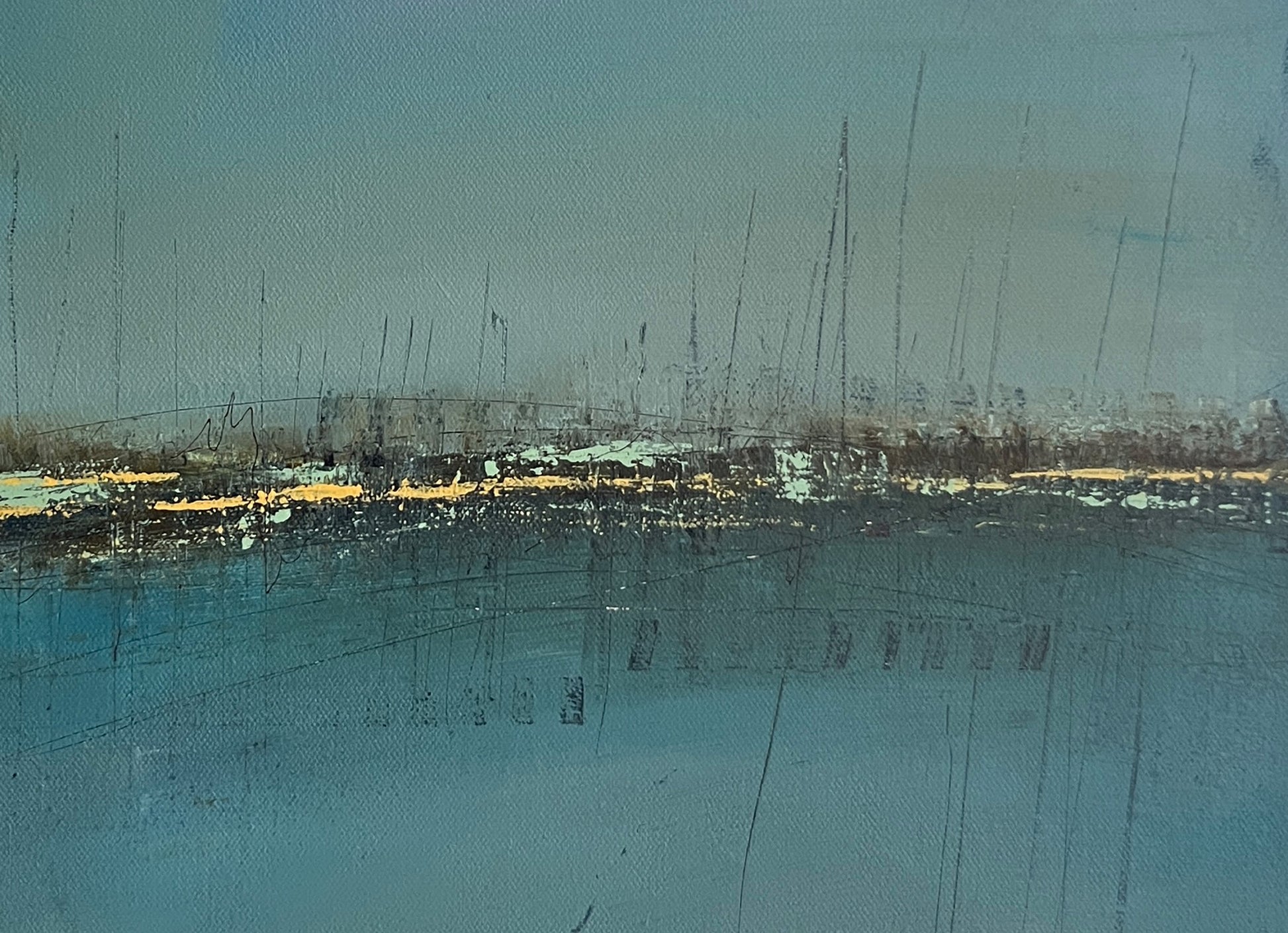 Minimal monochrome abstract artwork with soft charcoal tones, faint vertical marks, and subtle texture creating a quiet, atmospheric composition.